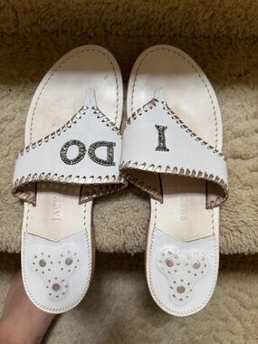 Jack Rogers White Leather Slip-On Mules with Crystal 'I' and 'DO' Detail